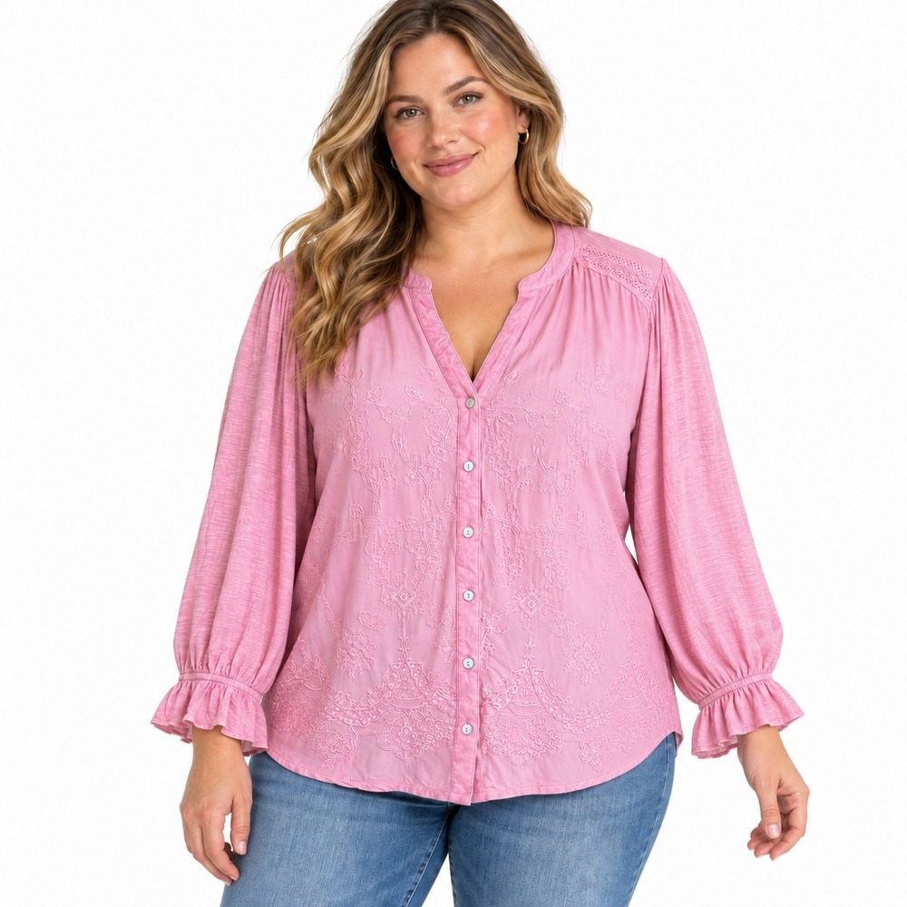 Democracy 3X Light Pink Embroidered Button Down Blouse Boho 3/4 Sleeves